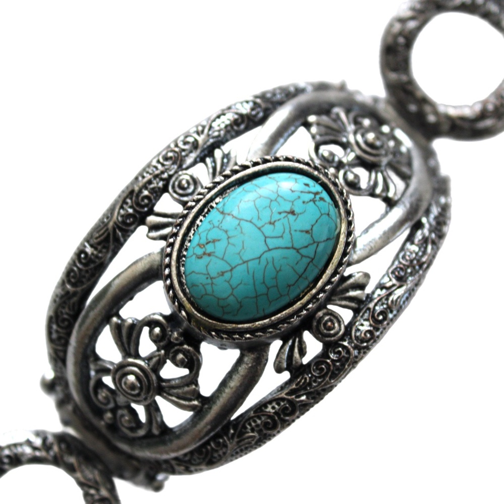 Bracelet, Southwest Style, Silvertone Simulated Turquoise - Picture 2 of 7